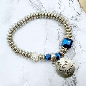 I Love You Charm Bracelet Silver Tone Blue Beads Metal Stretch 7 Inch